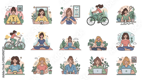 Collection of scenes showing a woman practicing yoga, cycling, reading books, and using her smartphone for daily mindfulness.