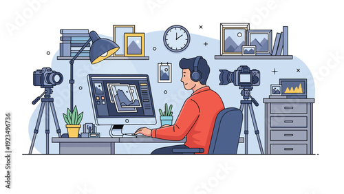 Professional photographer or video editor working on digital images at a desk with cameras and various photography equipment.