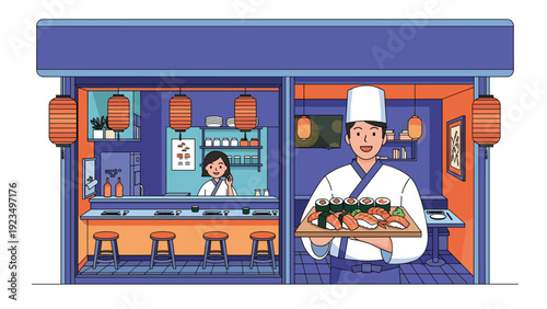 Japanese sushi restaurant scene featuring a chef presenting a platter of rolls and a waitress at the counter with lanterns.