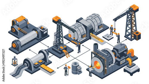 Isometric view of an industrial metal processing factory with workers operating large machines, furnaces, and conveyor belts.