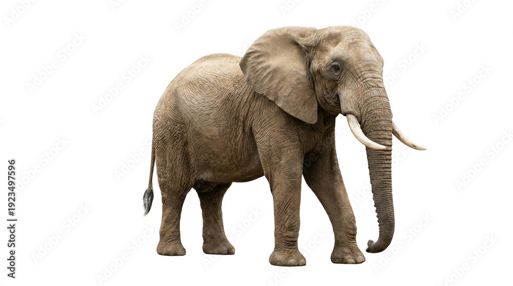 Obraz premium 白い背景に孤立したアフリカゾウの全身像。大きな耳と長い牙を持つこの雄大な動物は、サバンナの生態系におけるその存在感と力強さを際立たせています。