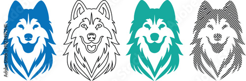 Graphic kit of wolf head icons including various styles like outline solid and patterned designs for mascot and logo