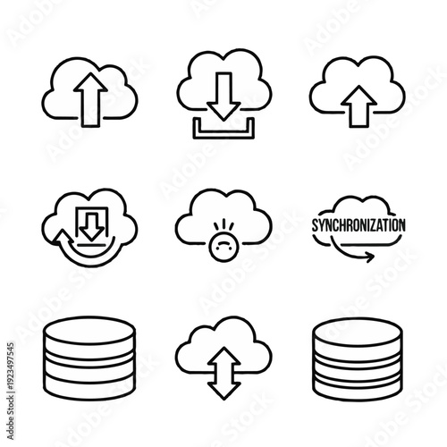 Cloud computing and database icons set for digital storage, data transfer, synchronization, and network connectivity concepts