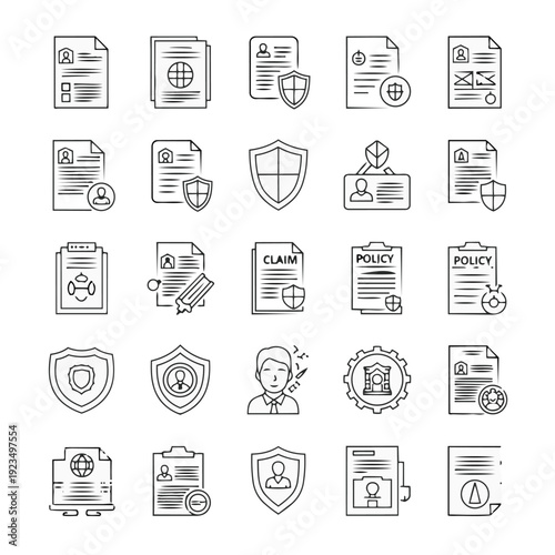 Collection of business document icons representing policy, claim, and insurance with shield protection and user profiles