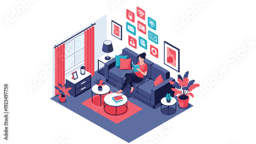 Woman relaxing on a sofa and reading a book in a modern living room surrounded by floating digital communication icons.