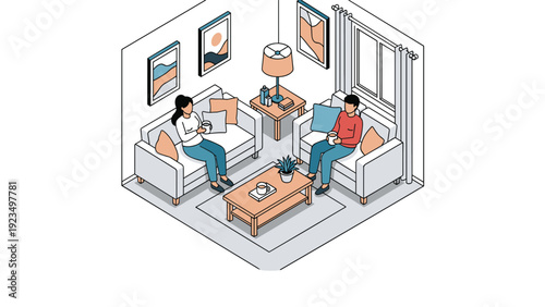 Young couple sitting on white sofas in a minimalist living room having a conversation and drinking coffee together.