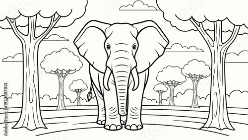 African elephant standing in savanna with trees and clouds outline coloring page