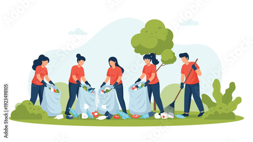 Group of eco-conscious volunteers cleaning up litter and trash in a public park to protect the environment and nature.