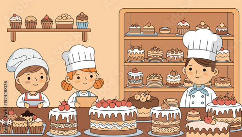 Cheerful pastry chefs presenting a variety of colorful and delicious cakes and pastries in a brightly lit bakery shop.