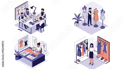 Multiple scenes showing the fashion design process from sketching and fabric selection to sewing and trying on clothes.