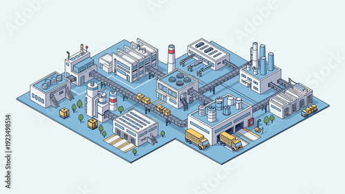 Expansive isometric industrial plant complex featuring multiple warehouse buildings, conveyor systems, loading docks, and transport trucks.