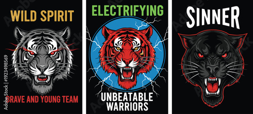 Tiger and Panther Mascot Posters Vector Set with Bold Typography and Powerful Graphics