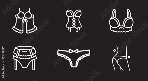 Set of female lingerie and undergarment icons including bra corset and panties for fashion retail and beauty products