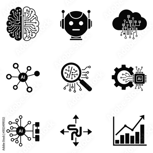 Artificial Intelligence Icons Set with Brain and Robot vector illustration