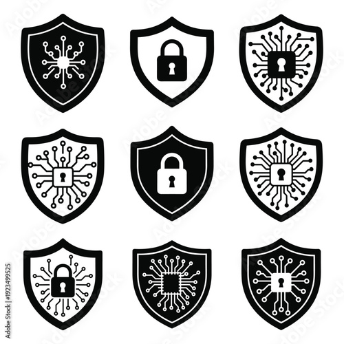 Collection of black and white shield security icons with padlock and circuit elements vector illustration