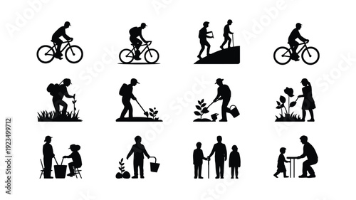 Collection of black silhouette icons depicting people engaging in various outdoor activities and gardening