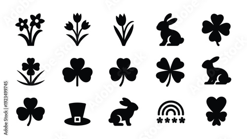 St patrick's day icons set with black silhouettes of shamrocks rabbits flowers and hat on white background for luck and celebration