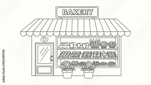 Bakery storefront with striped awning and bread display coloring page for kids
