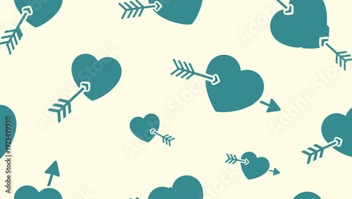 Romantic seamless pattern featuring scattered teal hearts pierced with arrows on a soft light beige background, ideal for love-themed designs and Valentine's Day.