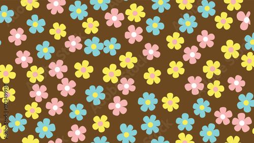 Cheerful seamless pattern displaying scattered colorful flowers in pink, blue, and yellow on a rich brown background, offering a vibrant and playful floral design.