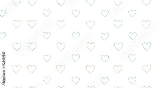Delicate seamless pattern showcasing textured outline hearts in soft light blue and light orange on a pristine white background, perfect for subtle romantic themes.