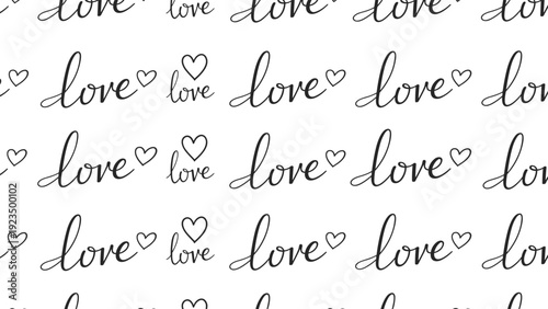 Charming seamless pattern featuring repeating handwritten love text and small hearts in a clean black outline on a pristine white background.
