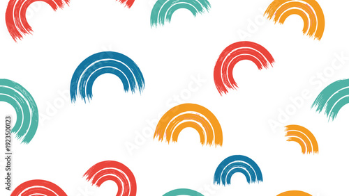 Playful seamless pattern showcasing scattered colorful brush stroke rainbows in various sizes on a clean white background, perfect for cheerful and artistic designs.