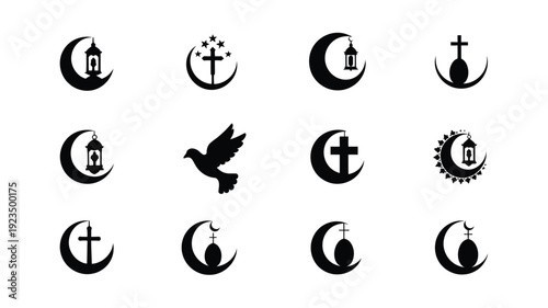 Graphic design elements featuring crescent moon and cross symbols with dove silhouette on white background
