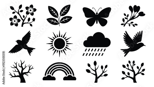 Weather icons with nature symbols black silhouettes on white background sunny and rainy day graphics
