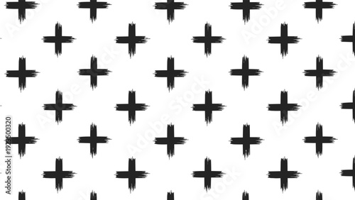 Bold seamless pattern composed of black brush stroke plus signs arranged in a grid on a clean white background, offering a contemporary abstract design.