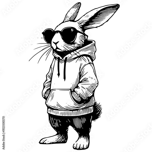 Cool rabbit in hoodie and sunglasses standing confidently