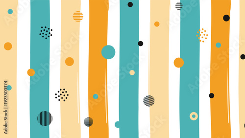 Vibrant seamless pattern composed of vertical brush stroke stripes in orange, turquoise, and white, with scattered abstract dots, creating a lively contemporary design.