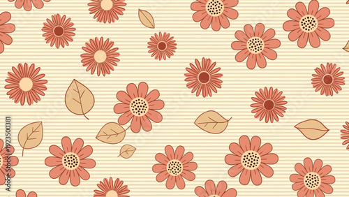 Warm seamless pattern featuring scattered orange-red flowers with beige leaves on a subtle striped beige background, creating a charming rustic floral design.