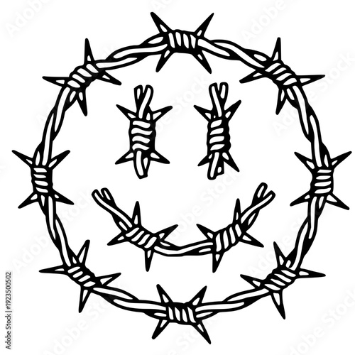 Smiling face made of barbed wire in modern art style