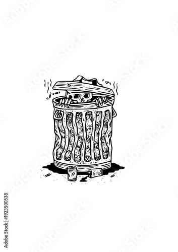 Spooky skull emerges from overflowing trash can in eerie scene