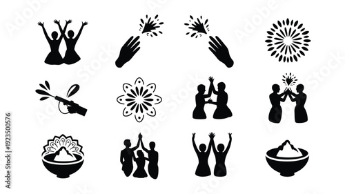 Clean graphic design featuring 12 distinct black silhouettes of people celebrating dancing and enjoying food on white background with decorative elements