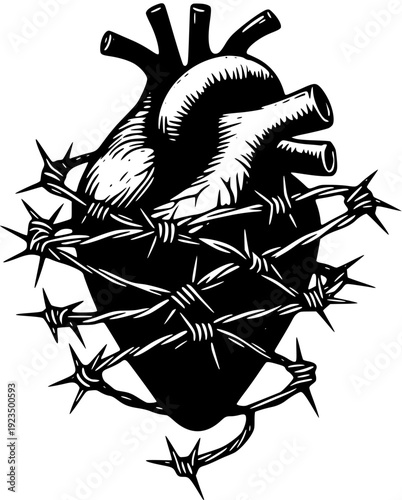 Heart wrapped in barbed wire symbolizing pain and struggle