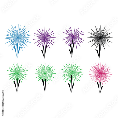 Colorful fireworks explosion celebration set vector illustration, scalable bright festive design art for events and parties