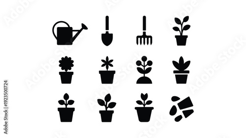 A clean graphic design featuring twelve black silhouettes of plants gardening tools and footwear on a white background for modern agriculture and horticulture themes