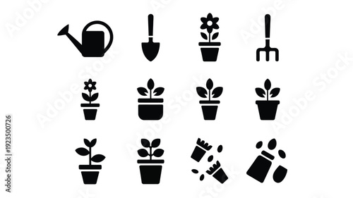 Graphic design featuring twelve gardening icons including watering can shovel fork and potted plants on white background for landscaping and cultivation themes
