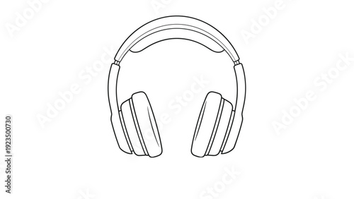 Detailed outline drawing of classic over-ear headphones, presented as a single black line art icon on a clean white background, ideal for music themes.