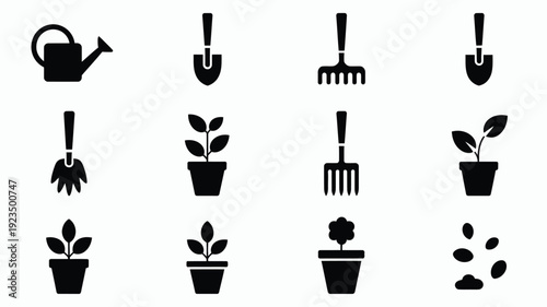 Minimalist gardening icons set including tools and plants on a clean grid layout for design and decoration purposes