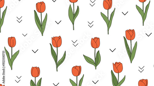 Elegant seamless pattern featuring vibrant red tulips with green stems and subtle geometric V-shapes on a clean white background, perfect for spring themes.