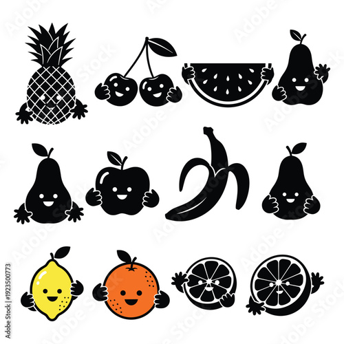 Cute smiling fruits and vegetables set with happy faces flat design vector illustration isolated on white background