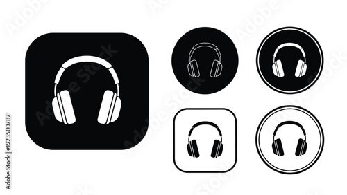 Comprehensive set of five headphone icons in various black and white styles, including solid and outline versions within square and circular frames, for versatile use.