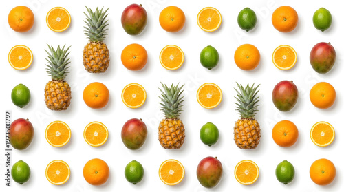 Tropical fruit pattern with whole pineapples, mangoes, oranges, and limes on a white background, top view