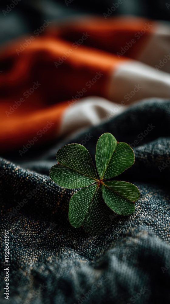 Fototapeta premium Clover and the flag of Ireland St. Patrick's Day, green holiday, quatrefoil, leprechaun with gold in a pot, Irish annual holiday, color green. Irish tradition and celebration concept. High quality