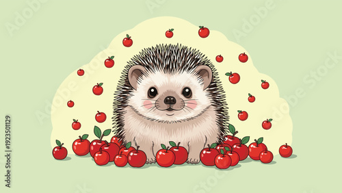 Adorable cartoon hedgehog smiling sweetly amidst a delightful scattering of vibrant red apples on a soft light green background, exuding cheerfulness.