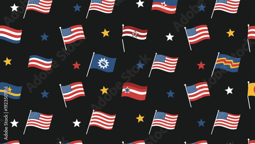 Patriotic seamless pattern featuring a diverse collection of pixelated American flags, including historical and state variations, interspersed with stars on a black background.