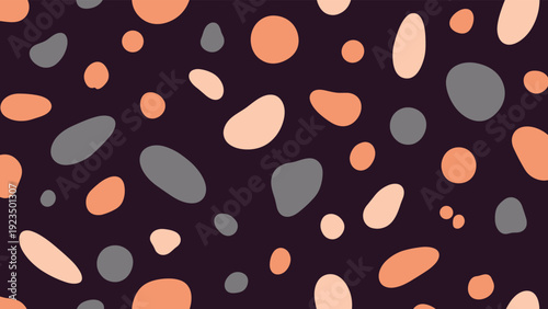 Modern seamless pattern featuring an artistic arrangement of irregular peach, grey, and light pink blob shapes, scattered across a deep dark purple background.